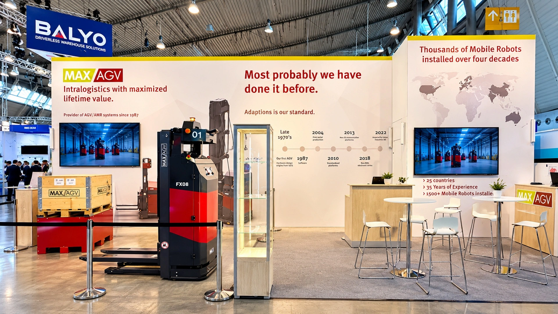 MAXAGV:s mässmonter på LogiMAT 2026, byggd av Front Row Exhibitions